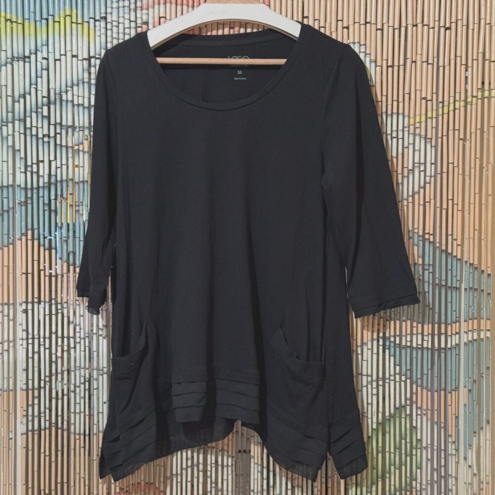 LOGO by Lori Goldstein Asymmetrical Hem Tunic Shirt with Chiffon, Black, Medium
